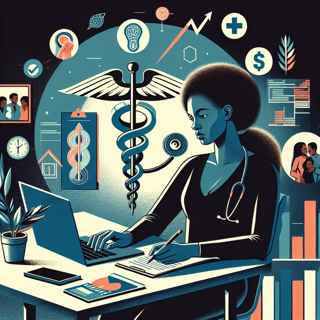 A freelancer working at a desk, surrounded by elements representing health and business stability, such as medical symbols, finance charts, and family photos, in a modern, colorful illustration style.
