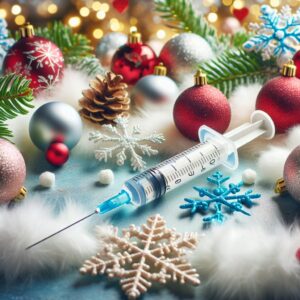 Image d'une seringue de vaccination contre la grippe, entourée de décorations de Noël avec des flocons de neige en arrière-plan.