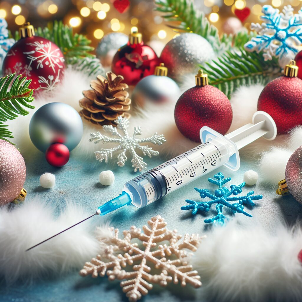 Image d'une seringue de vaccination contre la grippe, entourée de décorations de Noël avec des flocons de neige en arrière-plan.