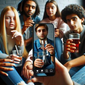 Un influenceur populaire sur un écran de téléphone, tenant un verre d'alcool, avec des jeunes regardant attentivement en arrière-plan, illustrant l'impact de la promotion de l'alcool sur les réseaux sociaux.