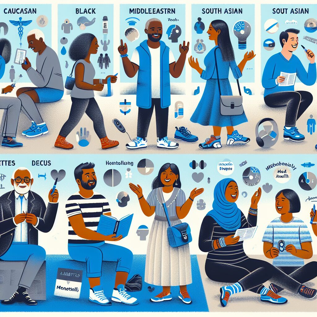 An informative illustration showing a diverse group of people managing diabetes, highlighting mental health, with World Diabetes Day theme colors (blue and grey).