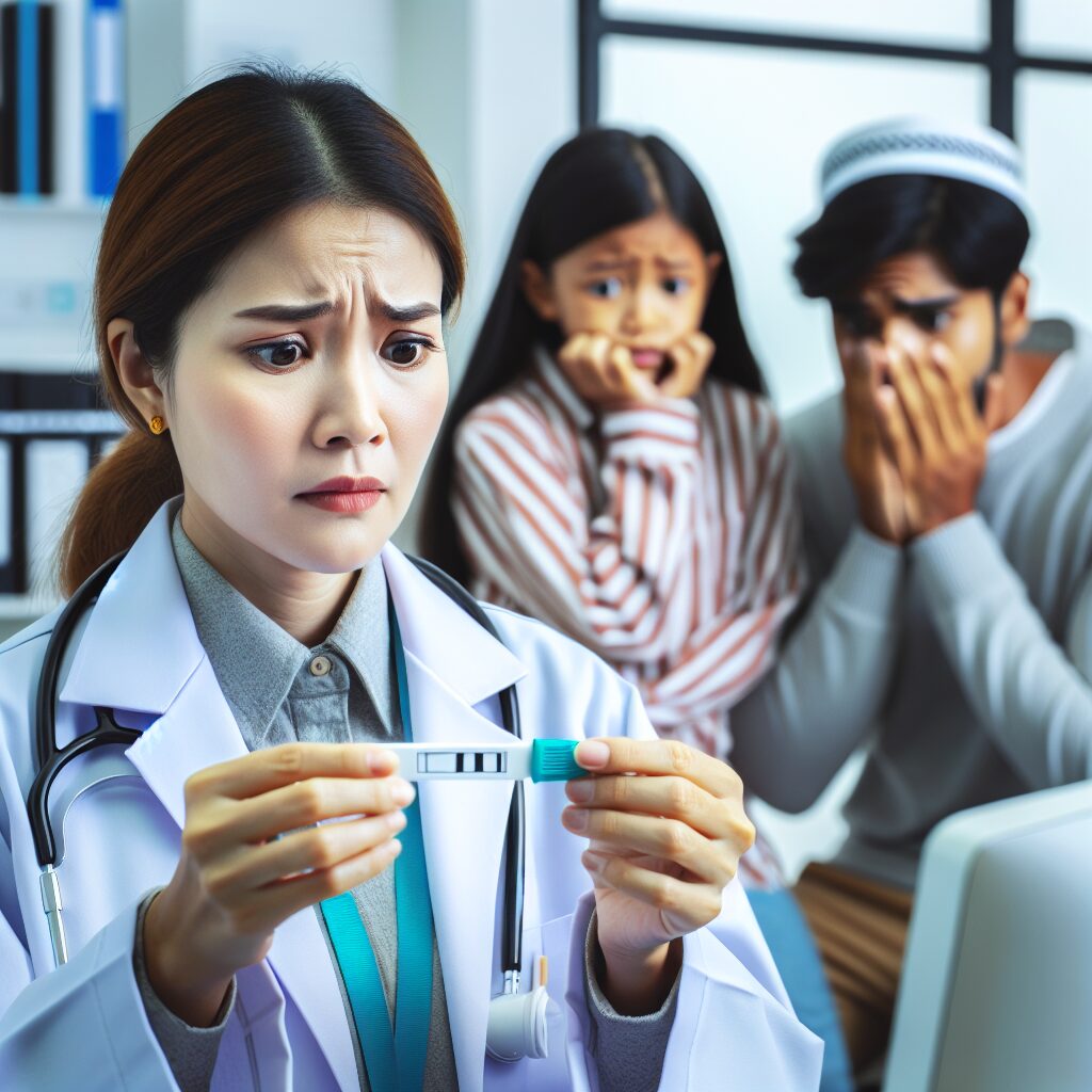 A concerned doctor holding a genetic test result, depicting a family worried in the background, illustrating the potential health risks from an anonymous sperm donation, with a laboratory setting.