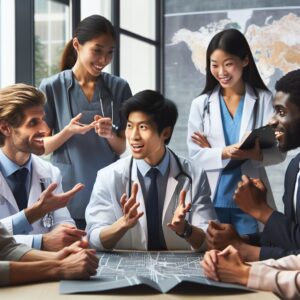 A diverse group of medical experts gathered around a table, discussing health strategies, with a backdrop showing maps of Saint-Martin and Saint-Barthélemy. The scene is professional and academic, symbolizing collaboration and expertise in public health.