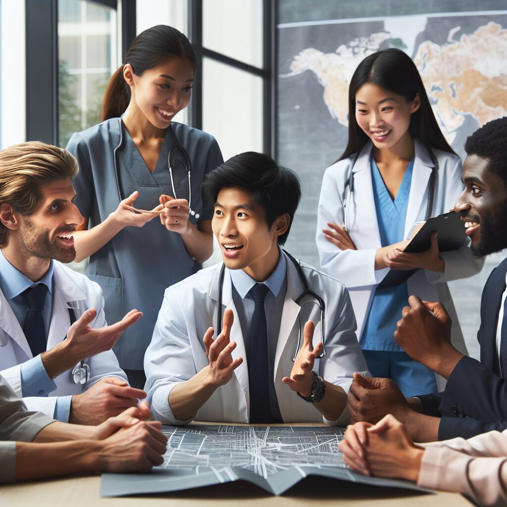 A diverse group of medical experts gathered around a table, discussing health strategies, with a backdrop showing maps of Saint-Martin and Saint-Barthélemy. The scene is professional and academic, symbolizing collaboration and expertise in public health.