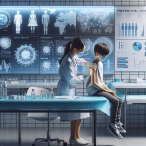 Image of a medical professional administering a vaccine to a child in a clinic setting, symbolizing prevention and healthcare against a backdrop of medical charts and epidemic data.