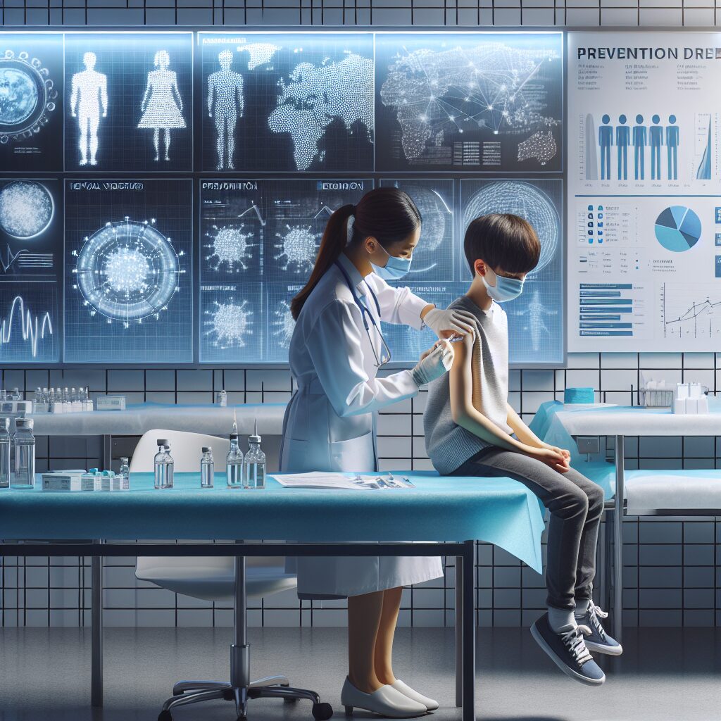 Image of a medical professional administering a vaccine to a child in a clinic setting, symbolizing prevention and healthcare against a backdrop of medical charts and epidemic data.