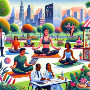 An illustration showing a diverse group of freelancers and independent workers engaging in health-related activities such as exercising, consulting with a doctor, and maintaining a work-life balance. The setting should be vibrant and include elements representing health, such as medical symbols, positive lifestyle choices, and the concept of financial security.