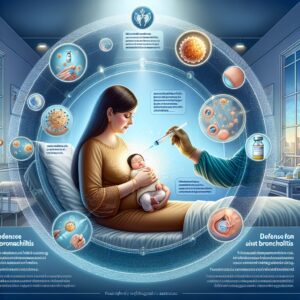 A medical illustration showing a pregnant woman being vaccinated, symbolizing protection against bronchiolitis for her unborn child. The background should depict a serene clinical environment, conveying the idea of safety.
