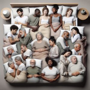 A peaceful bedroom setting with a neutral color palette, featuring a diverse group of people sleeping soundly, ranging from young adults to seniors, highlighting the theme of sleep disparities in France.