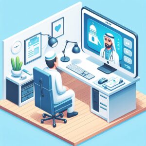 An image depicting a modern virtual medical consultation, showing a doctor on a computer screen talking to a patient at home. The setting includes typical home office elements, like a desk, a computer, and a calm atmosphere, symbolizing convenience and modern healthcare solutions.