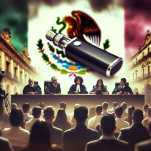 Une scène représentant un tribunal au Mexique avec une image floue en arrière-plan d'une cigarette électronique, symbolisant l'interdiction. L'arrière-plan doit refléter l'architecture mexicaine et une atmosphère de gravité.