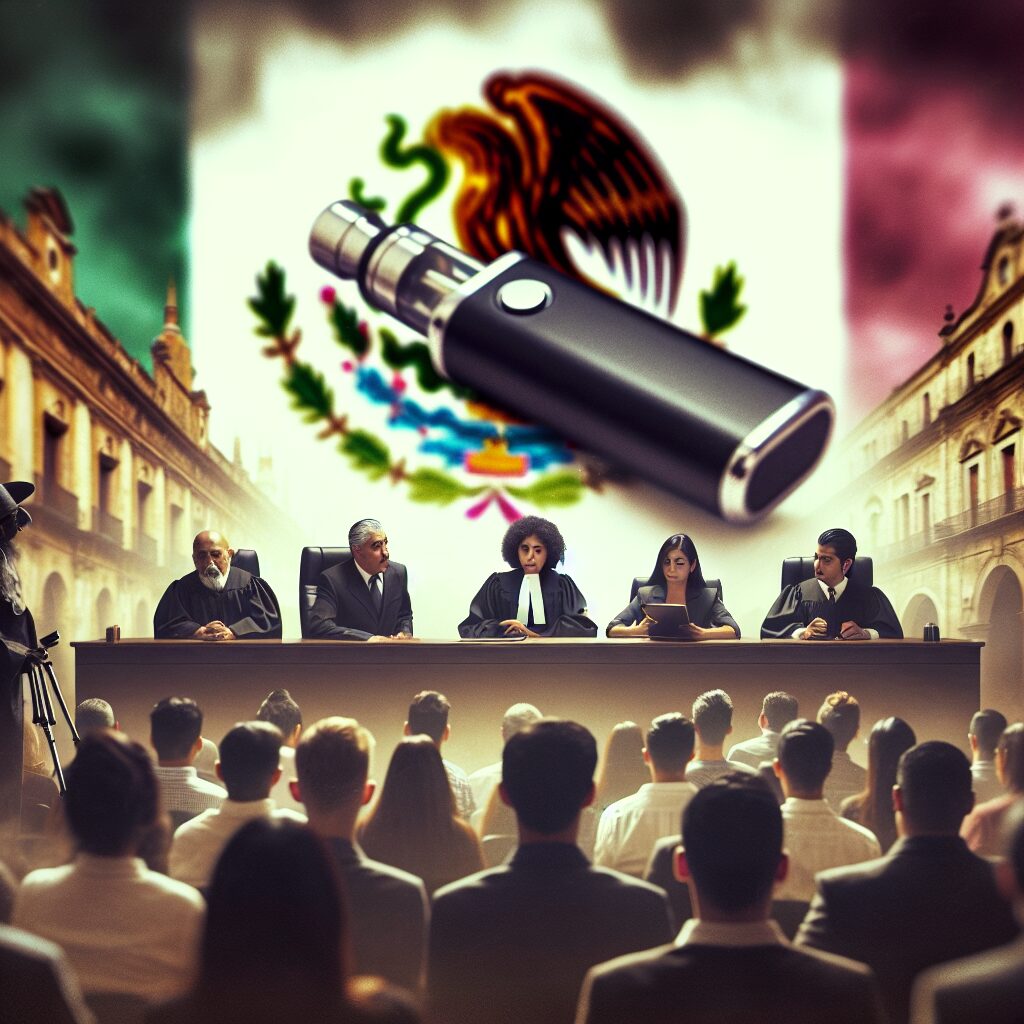 Une scène représentant un tribunal au Mexique avec une image floue en arrière-plan d'une cigarette électronique, symbolisant l'interdiction. L'arrière-plan doit refléter l'architecture mexicaine et une atmosphère de gravité.
