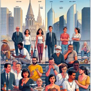 An illustration showing diverse French people dealing with health issues like smoking, alcohol consumption, and depression. The image should depict a contrast between people struggling and those who have successfully quit smoking, all set in a modern French city backdrop.