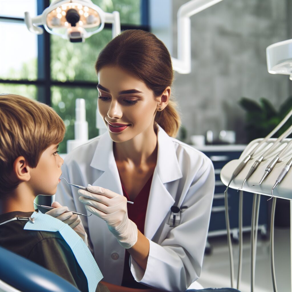 Dentiste inspectant de manière attentionnée la dentition d'un enfant dans un cabinet moderne, équipements dentaires en arrière-plan, ambiance professionnelle et apaisante.