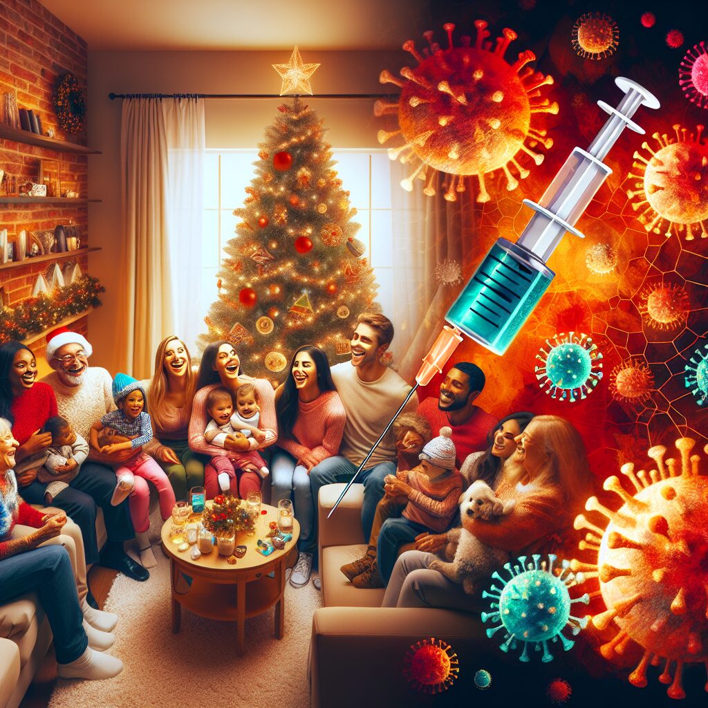 A bustling holiday setting with a family gathering, overlaid with medical elements such as a vaccine syringe and virus imagery, symbolizing health precautions during festive seasons.