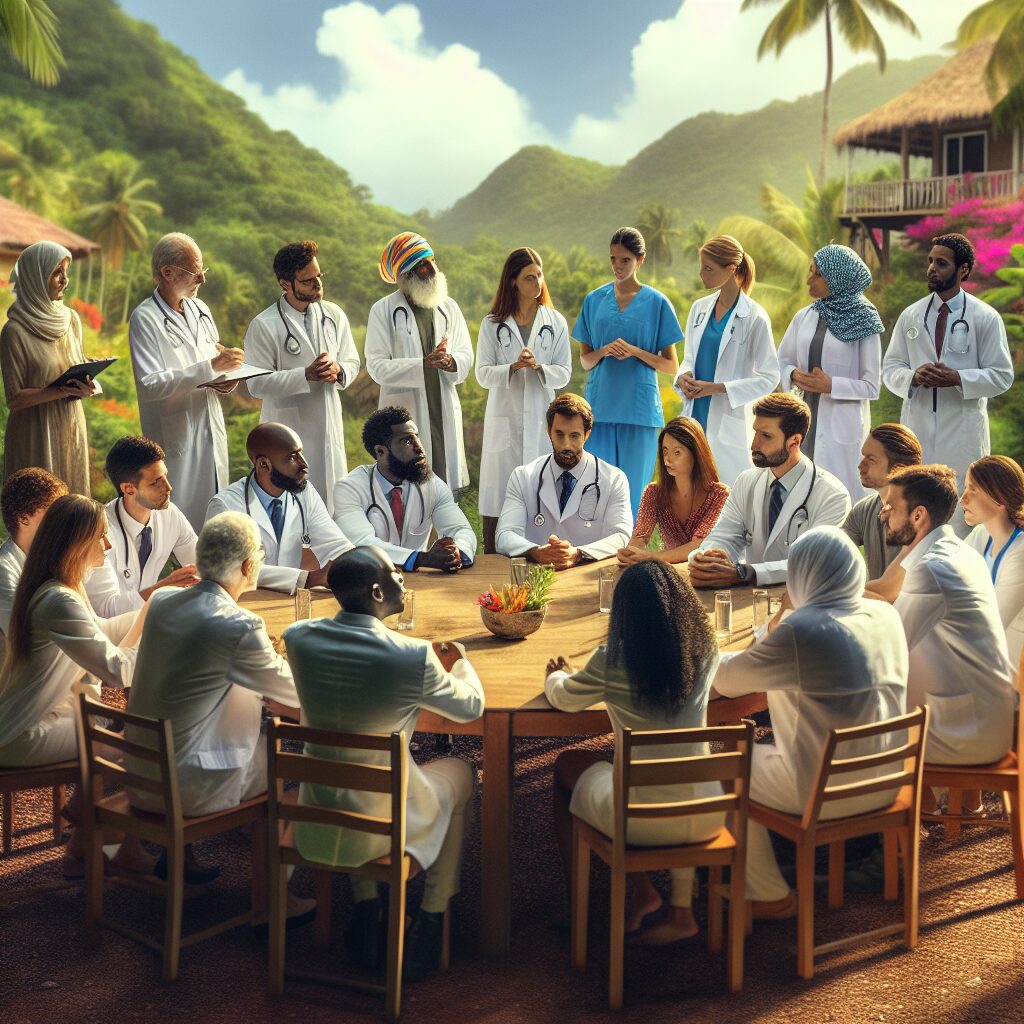 A diverse group of health experts gathered around a table in a tropical setting, symbolizing collaboration on infectious disease management in Saint-Martin and Saint-Barthélemy.