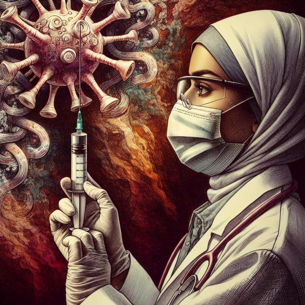 An illustrative image showing a healthcare professional holding a vaccine syringe, with a background depicting an abstract representation of the Bordetella pertussis bacterium, symbolizing the fight against the pertussis outbreak in 2024.