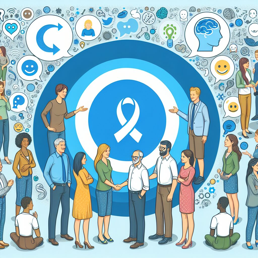 An illustration showing a diverse group of people, including men and women, young and old, engaging in conversation and support around a large blue circle symbolizing diabetes awareness, with elements representing mental health like brain icons and emotion symbols.