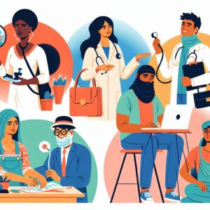 Illustration showing a diverse group of freelance workers, such as artisans and professionals, engaging in healthcare-related activities like doctor's visits and wellness checks, set in a vibrant and supportive environment.