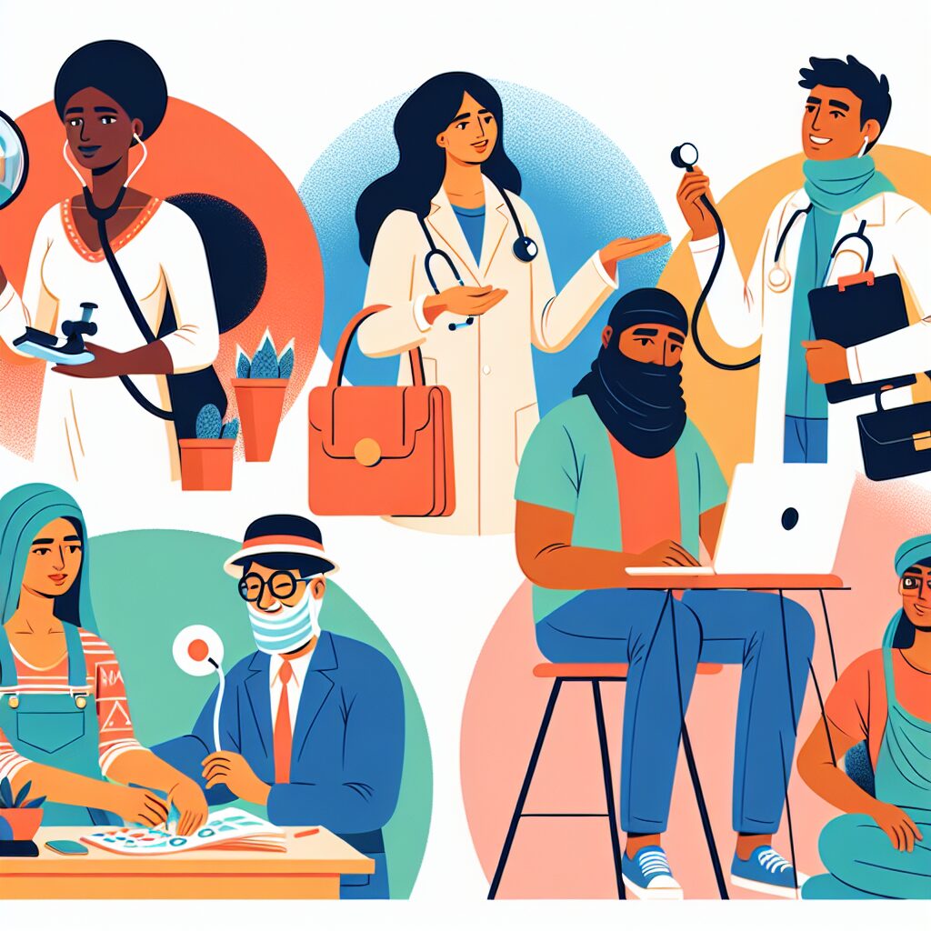 Illustration showing a diverse group of freelance workers, such as artisans and professionals, engaging in healthcare-related activities like doctor's visits and wellness checks, set in a vibrant and supportive environment.