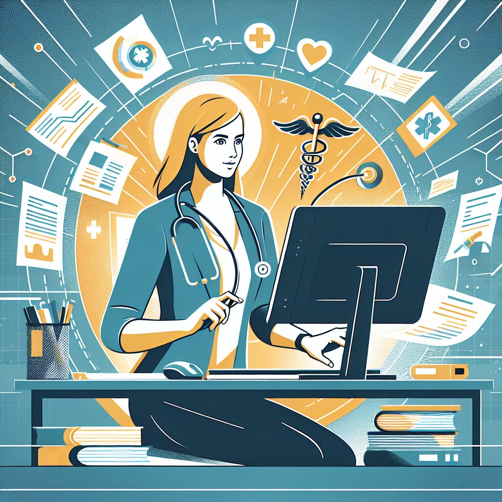 A dynamic and engaging illustration depicting a self-employed worker balancing health and work. Include elements like stethoscope, computer, paperwork, and medical symbols to represent health and entrepreneurship.