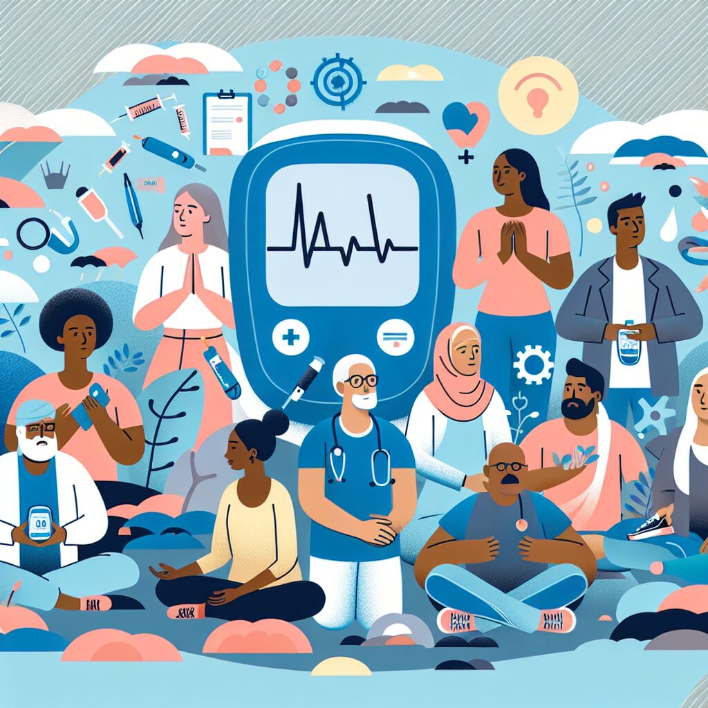 An illustration showing a diverse group of people managing diabetes while focusing on mental health, symbolizing balance between physical and emotional well-being, with elements like glucose monitors, mental relaxation icons, and supportive community figures.