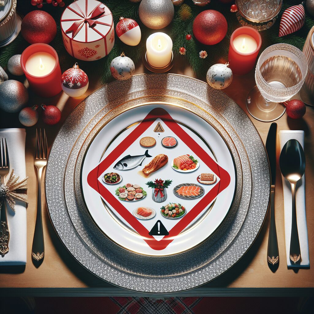 Illustration showing a festive table setting with a prominent warning sign, indicating recalled food items like foie gras and smoked salmon, in a cozy holiday atmosphere.