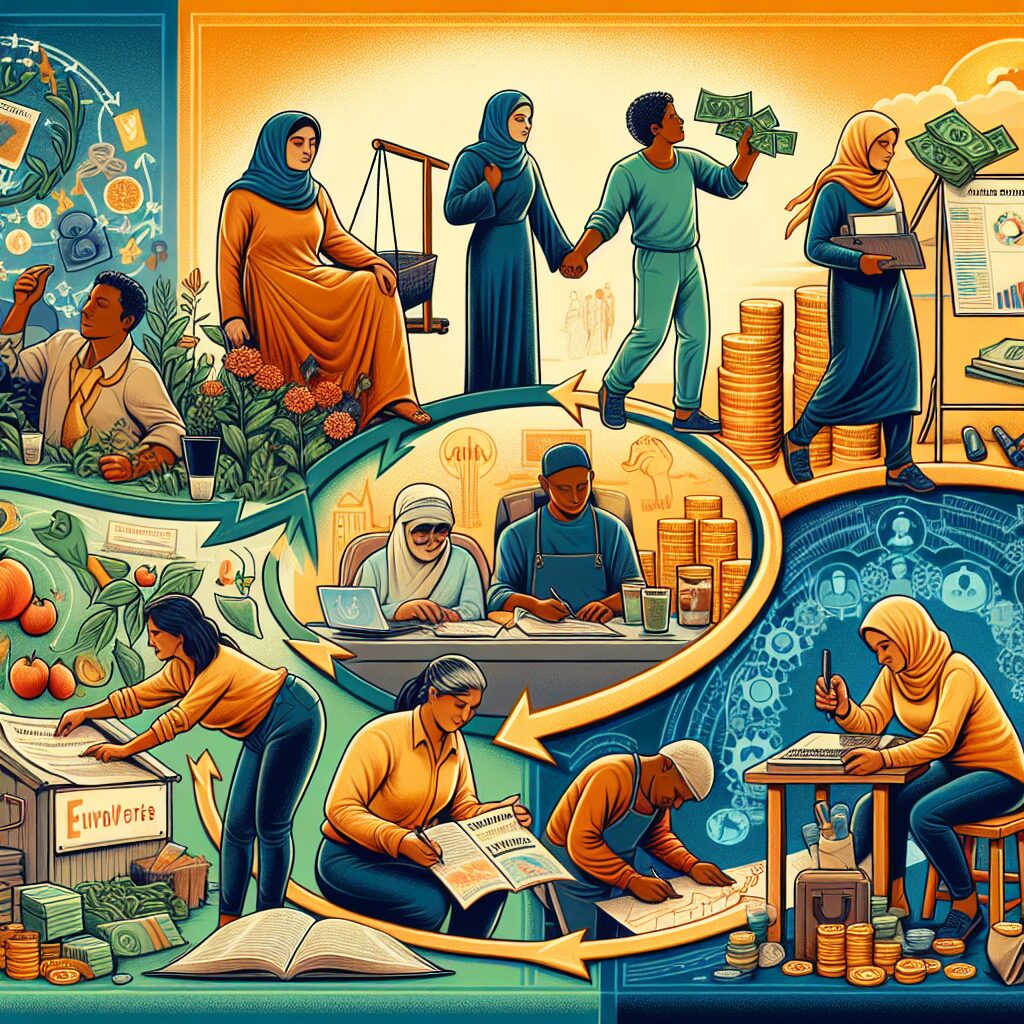 A creative and informative illustration showcasing various steps an independent worker can take to protect their health and sustain their business, including healthcare access and social support schemes.