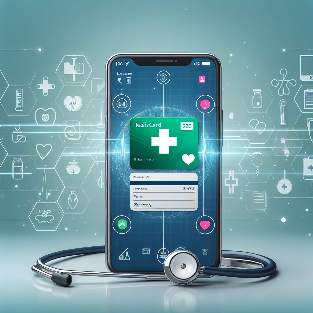 A smartphone displaying the digital Carte Vitale app, with a user-friendly interface, surrounded by healthcare symbols like a stethoscope and pharmacy cross, symbolizing digital health innovation in France.