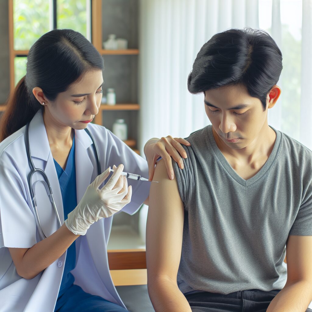 A person with a chronic illness, like asthma or diabetes, receiving a flu vaccine in a medical setting. The image should show a healthcare professional administering the shot, capturing a hopeful and preventive atmosphere.