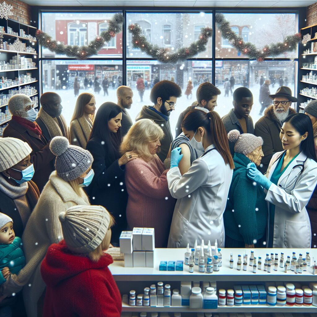A busy pharmacy in winter with a diverse group of people of various ages and backgrounds receiving flu vaccinations. The scene captures a festive atmosphere with winter decorations and a healthcare professional administering a vaccine. Snow is gently falling outside the window, adding to the seasonal ambiance.