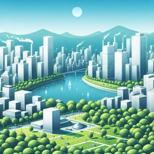 A conceptual illustration depicting clean air, with a backdrop of a city skyline, green parks, and blue skies, signifying improved air quality and public health.