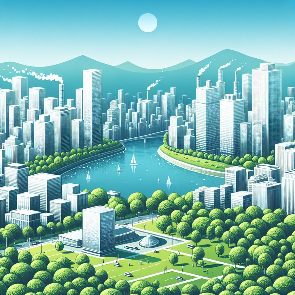 A conceptual illustration depicting clean air, with a backdrop of a city skyline, green parks, and blue skies, signifying improved air quality and public health.