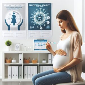Une femme enceinte recevant un vaccin Abrysvo dans un cabinet médical moderne, avec des graphiques illustrant la protection contre le virus respiratoire syncytial (VRS) pour les nourrissons, ambiance lumineuse et rassurante