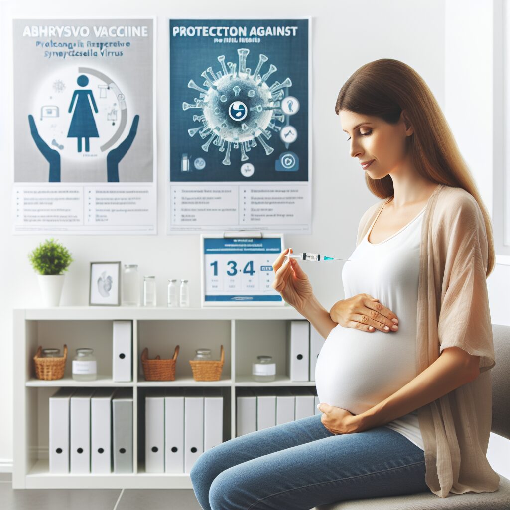 Une femme enceinte recevant un vaccin Abrysvo dans un cabinet médical moderne, avec des graphiques illustrant la protection contre le virus respiratoire syncytial (VRS) pour les nourrissons, ambiance lumineuse et rassurante