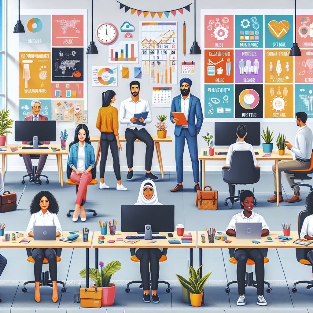 A diverse group of small business owners and freelancers working at a shared office space, surrounded by health-related infographics and support tools, showcasing a supportive community for self-employed individuals. Bright and colorful, modern style, emphasizing both professional and health themes.