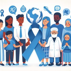 Illustration montrant des personnes de différentes ethnicités se tenant par la main, symbolisant la solidarité et le soutien psychologique lors de la Journée mondiale du diabète, avec un ruban bleu et des éléments représentant à la fois le diabète et la santé mentale.