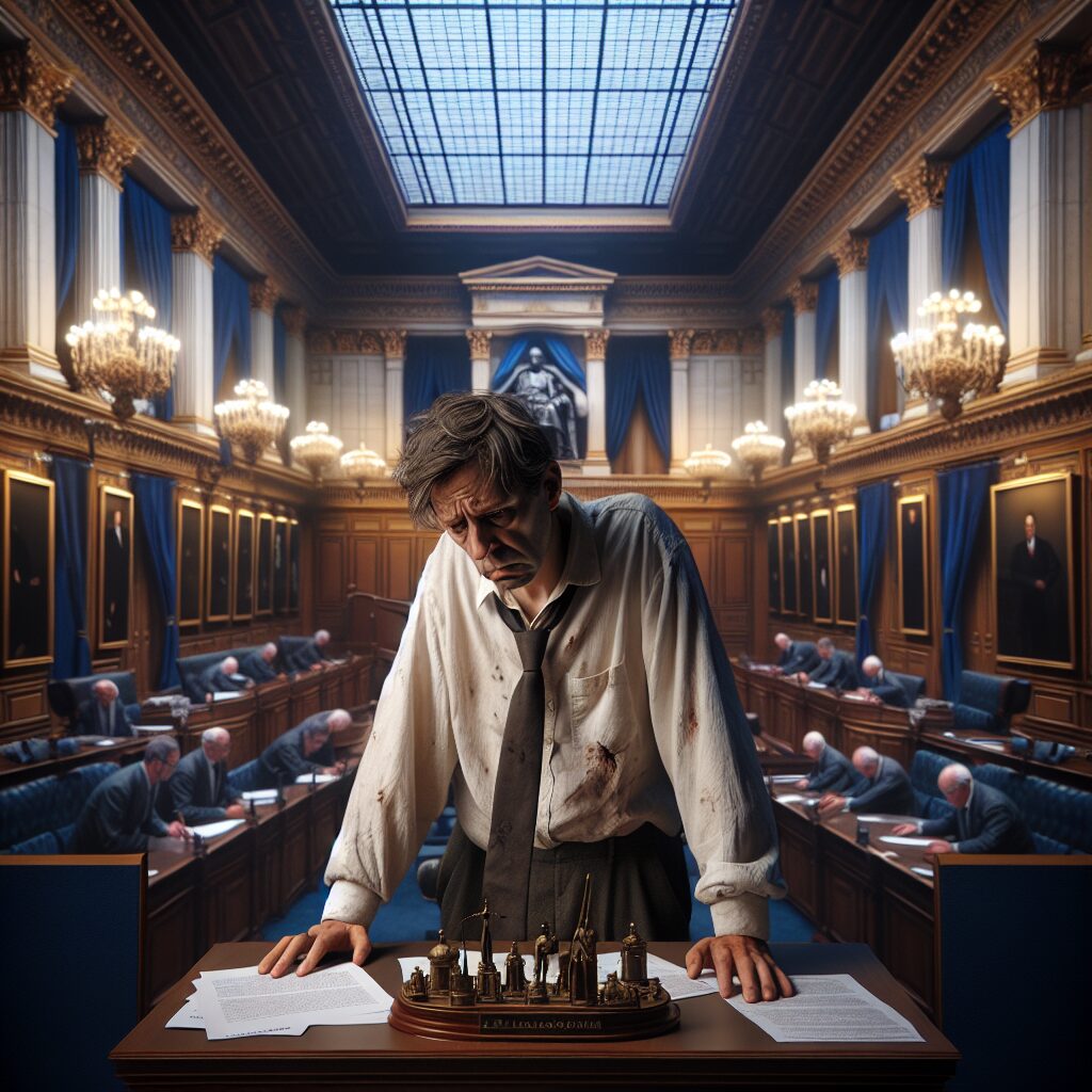 A French Senate setting with a distressed middle-aged politician, illustrating stress and health issues, in a realistic style.