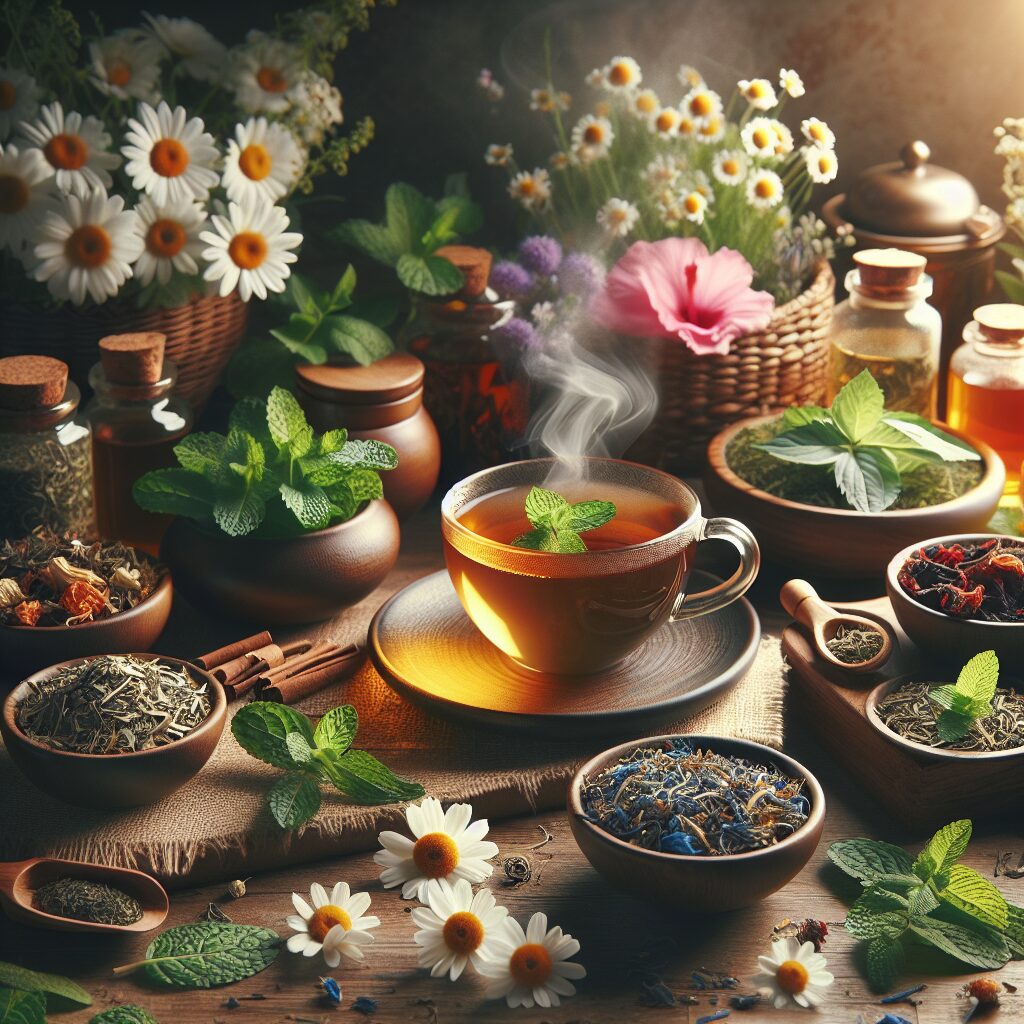 A peaceful and calm scene with a variety of herbal teas in a cozy setting. Include fresh herbs like mint, chamomile, and hibiscus, with steam gently rising from a cup. Soft, warm lighting to convey relaxation and health benefits.