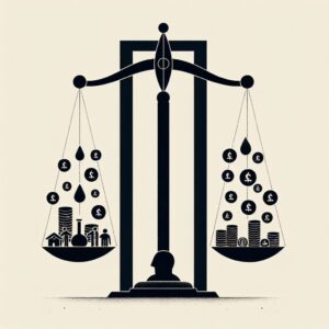 Illustration représentant un contraste symbolique entre richesse et pauvreté en France, avec une balance de la justice déséquilibrée, montrant d'un côté des symboles de richesse et de l'autre des icônes de pauvreté, dans un style minimaliste.