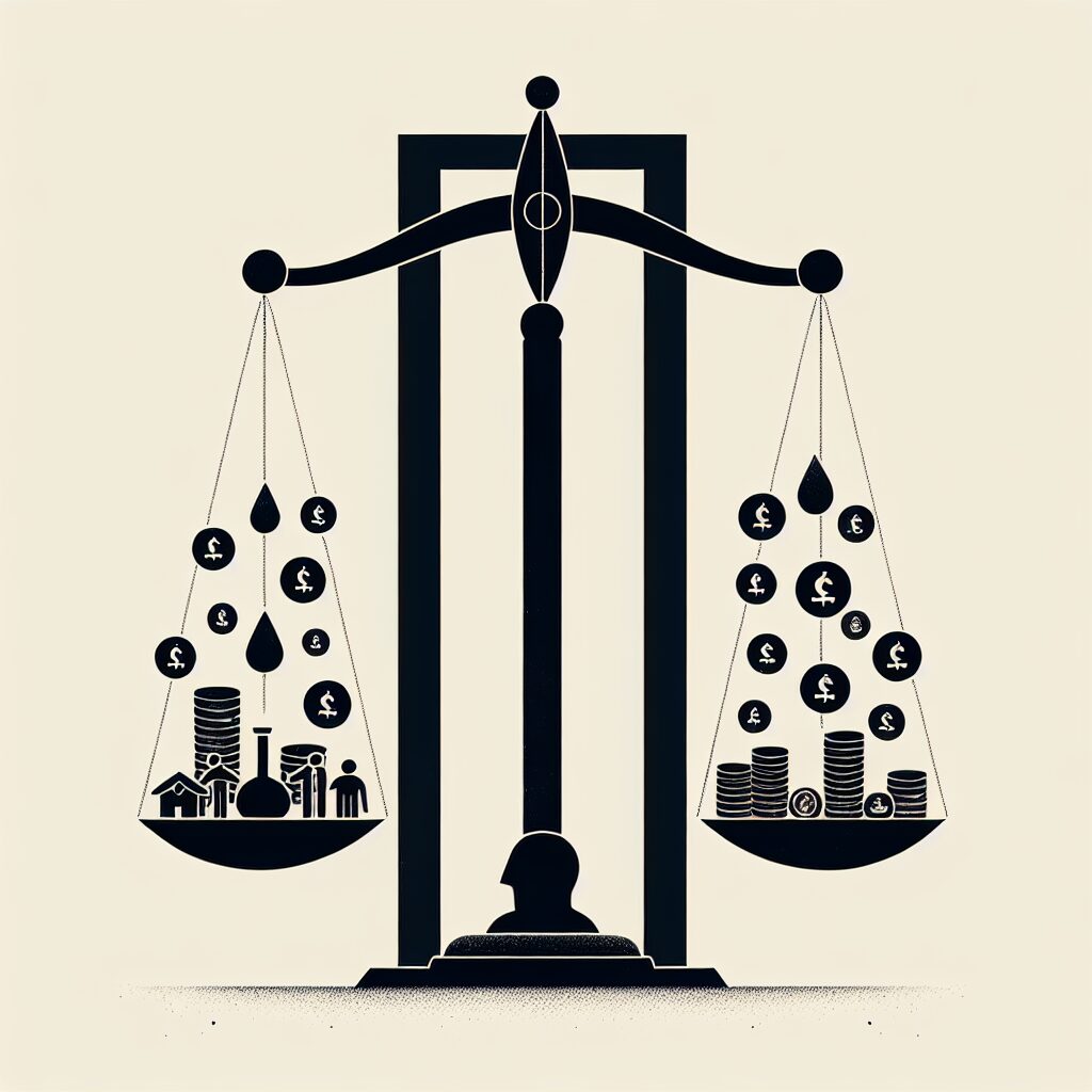 Illustration représentant un contraste symbolique entre richesse et pauvreté en France, avec une balance de la justice déséquilibrée, montrant d'un côté des symboles de richesse et de l'autre des icônes de pauvreté, dans un style minimaliste.