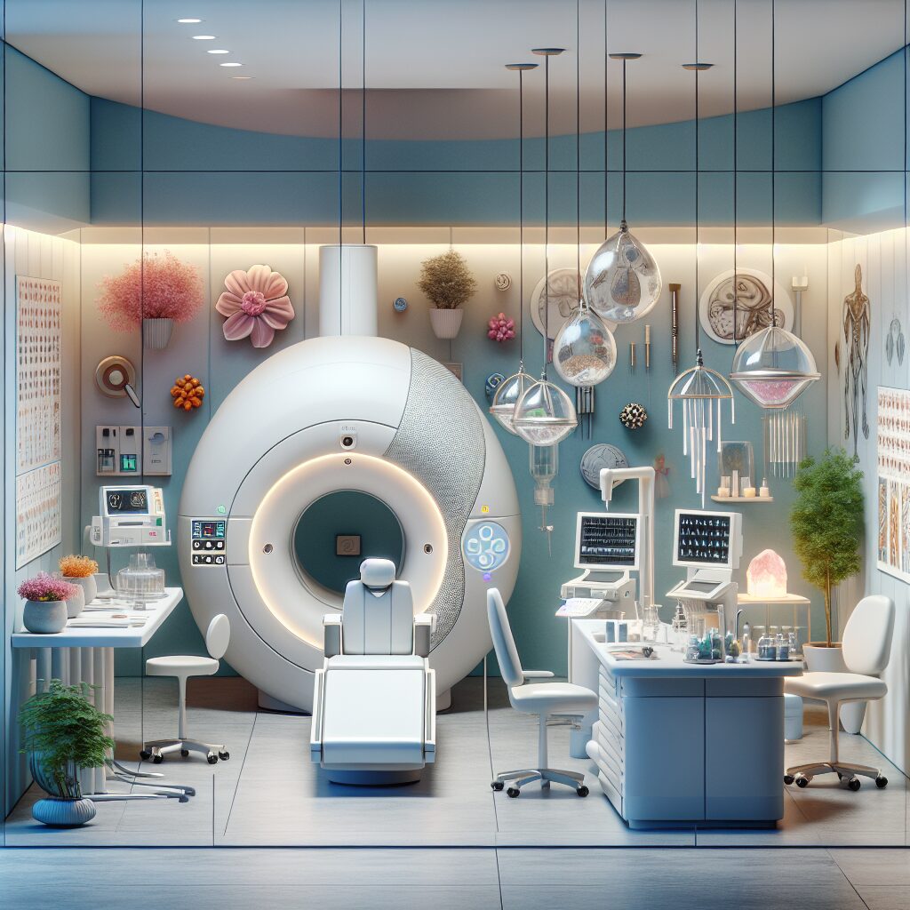 View of a modern oncology clinic with a blend of conventional medical equipment and alternative therapy elements, symbolizing the fusion of traditional and complementary medicine approaches in cancer treatment.