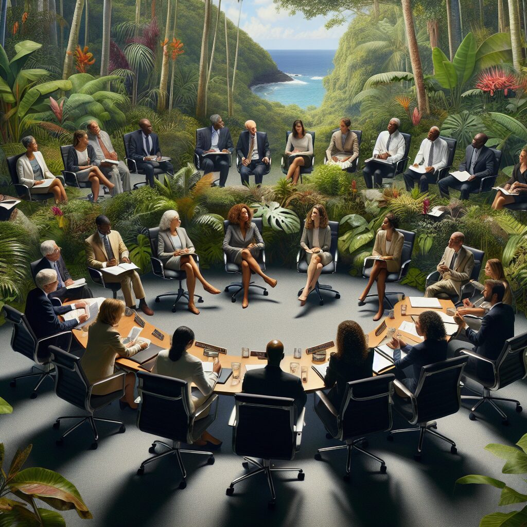 An image showcasing a diverse group of experts in a meeting room, engaged in discussion, with the backdrop of a tropical environment typical of Guadeloupe. The image should convey professionalism, diversity, and a focus on public health initiatives.