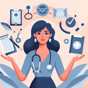 Illustration d'un travailleur indépendant équilibrant sa santé et son entreprise, avec des éléments symbolisant la santé comme un stéthoscope et des documents professionnels, style moderne et professionnel.