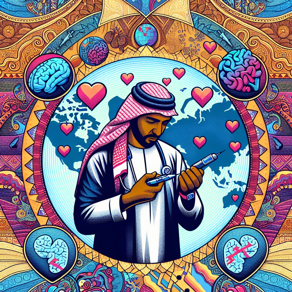 An illustration showing a person managing diabetes while surrounded by symbols of mental health, like brains and hearts, set against a backdrop of a global map showing France. The scene is lively, colorful, and conveys a sense of awareness and unity.