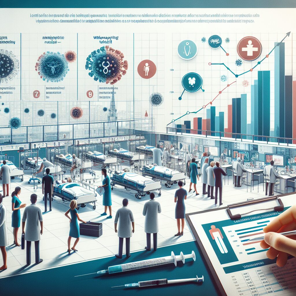 A detailed and informative illustration showcasing the impact of whooping cough in France during 2024, depicting medical professionals in a hospital setting, charts showing statistical increase, and symbols of vaccination efforts.