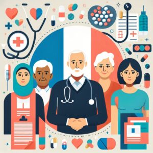 A visual representation of the French health insurance system, showing diverse individuals benefiting from complementary health coverage, with symbols of care like stethoscopes, pills, and medical documents.