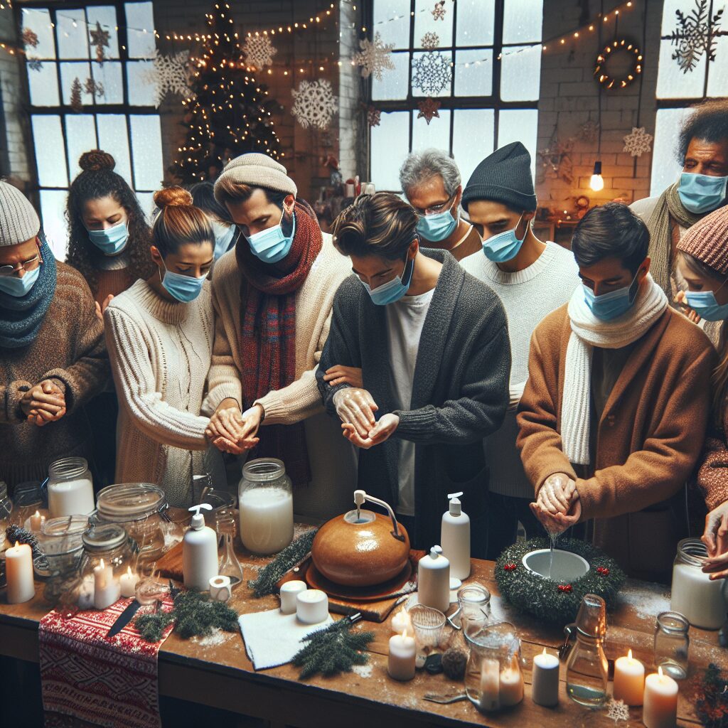 A diverse group of people wearing masks in a well-ventilated indoor space, washing hands, and engaging in conversations. The setting is cozy with winter decorations, capturing the essence of a community united in health safety during the winter.