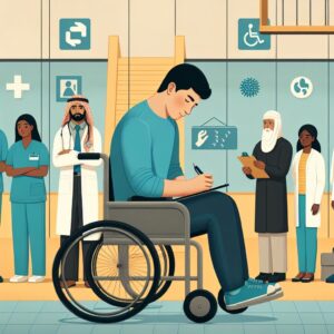An insightful illustration showing a person with a disability filling out a questionnaire in a medical clinic. The setting includes various healthcare professionals and accessibility features, representing a supportive and inclusive environment.