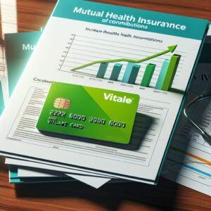 Une carte Vitale posée à côté de documents de mutuelle sur un bureau, illustrant la hausse des cotisations des mutuelles de santé en 2026.
